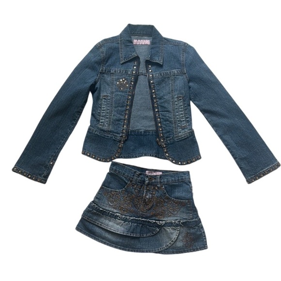 Y2K Denim Jacket & Skirt Set Studded Embroidered 2-Piece Outfit Girls Size 7 - Picture 1 of 8